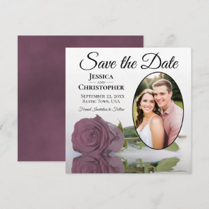 Dusty Mauve Rose on White with Oval Photo Wedding Save The Date