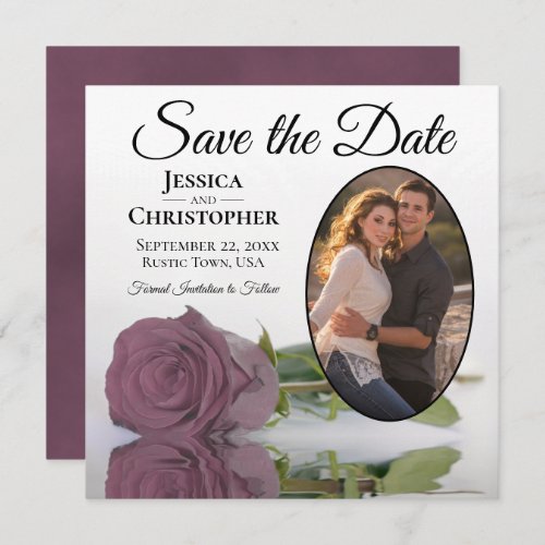 Dusty Mauve Rose on White with Oval Photo Wedding Save The Date