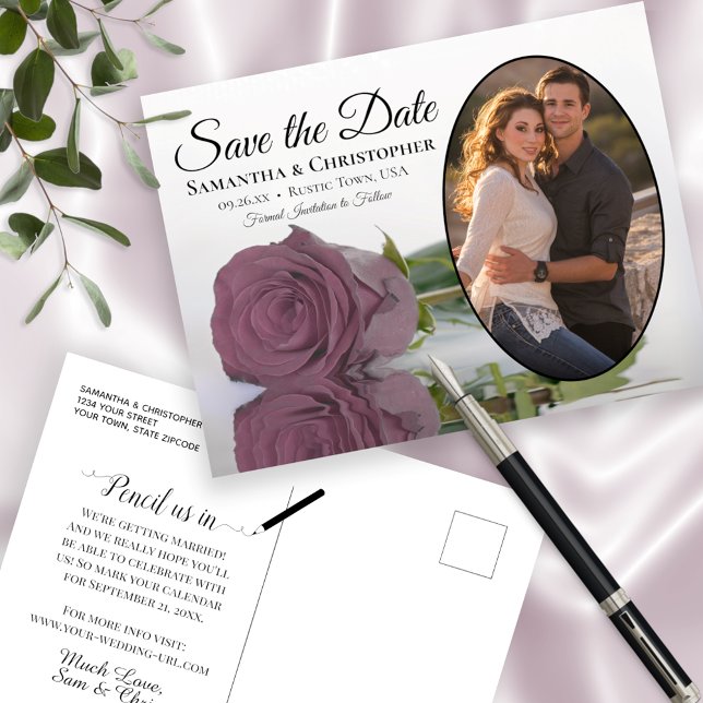 Dusty Mauve Rose Oval Photo Wedding Save The Date Announcement Postcard (Creator Uploaded)