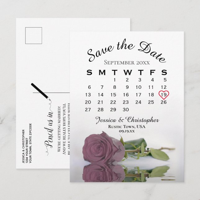 Dusty Mauve Rose Wedding Calendar Save the Date Announcement Postcard (Front/Back)