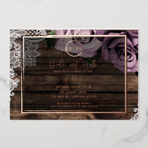 Dusty Mauve Roses Pink Lace Rustic Wedding  Foil Invitation