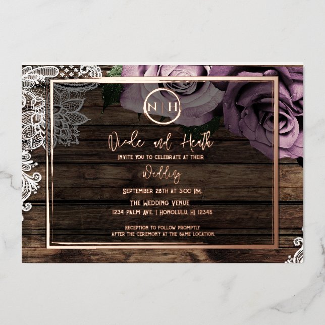 Dusty Mauve Roses Pink Lace Rustic Wedding  Foil Invitation (Front)