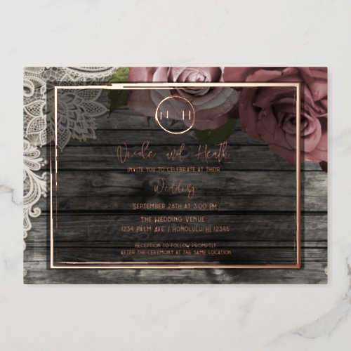 Dusty Mauve Roses Pink Wood Lace Rustic Wedding   Foil Invitation