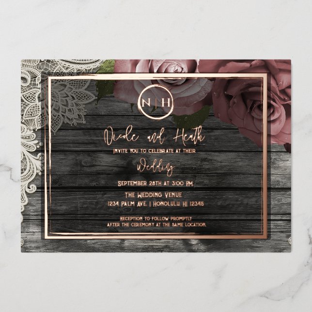Dusty Mauve Roses Pink Wood Lace Rustic Wedding   Foil Invitation (Front)