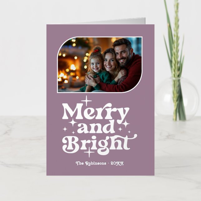 Dusty Mauve/Silver Merry & Bright Photo Christmas Foil Holiday Card (Front)