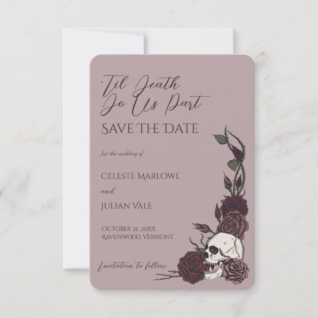 Dusty Mauve Skull and Rose Save the Date (Front)