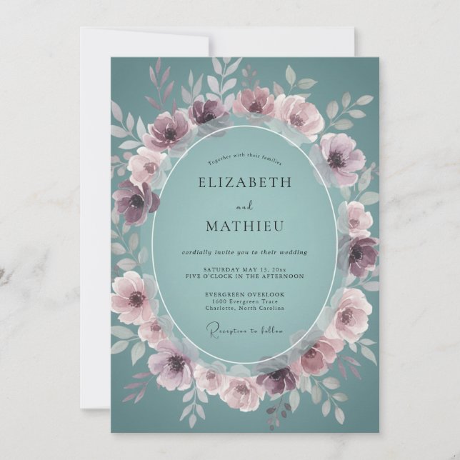 Dusty Mauve Teal Wreath Wedding Invitation (Front)