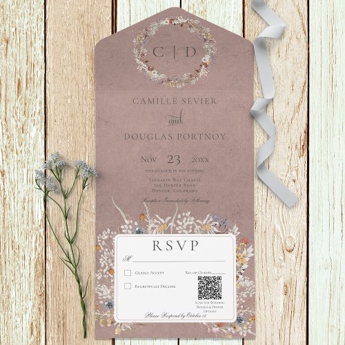 Dusty Mauve Vintage Romantic Wildflower QR Code All In One Invitation