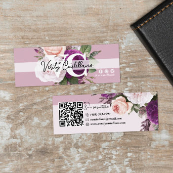 Dusty Mauve Vintage Rose Floral Simple Personal Qr Mini Business Card by CyanSkyDesign at Zazzle