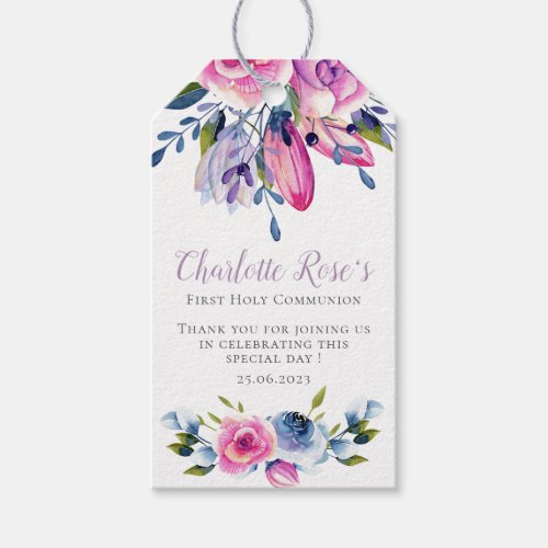 Dusty Mauve Watercolor Floral First Communion Gift Tags