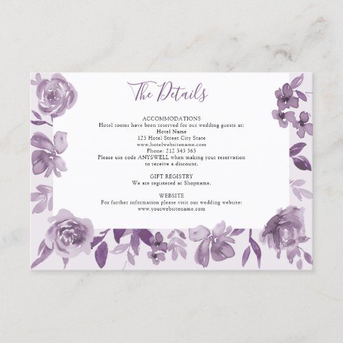 Dusty Mauve Watercolor Floral Wedding Details Enclosure Card