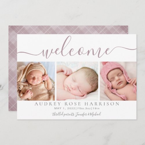 Dusty Mauve Welcome Baby Photo Collage Birth   Announcement