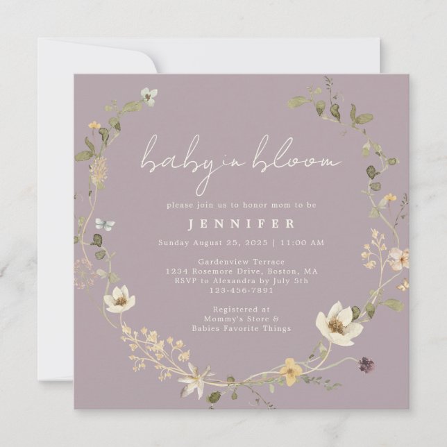 Dusty Mauve Wildflower Baby In Bloom Baby Shower  Invitation (Front)