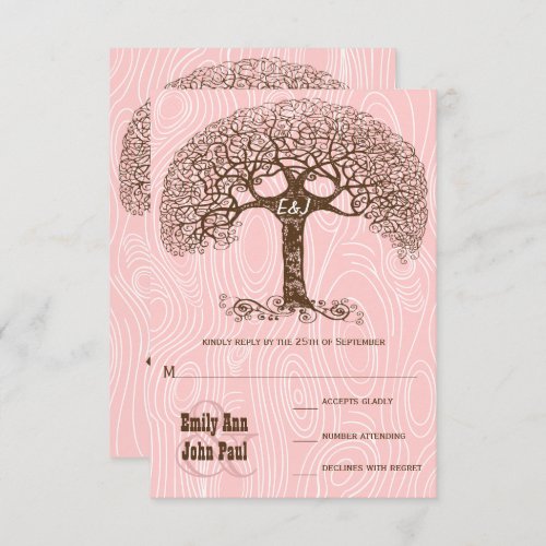 Dusty Millennial Pink Tree Barnwood Wedding RSVP Invitation