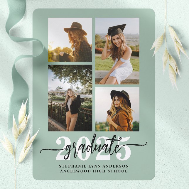 Dusty Mint 4 Photo Collage Grad Announcement (Creator Uploaded)