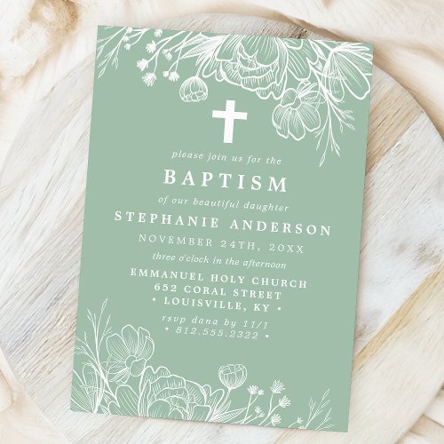 Dusty Mint and White Floral Baptism Invitation