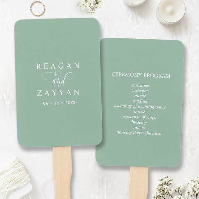 Dusty Mint Minimalist Wedding Program Hand Fan (Creator Uploaded)