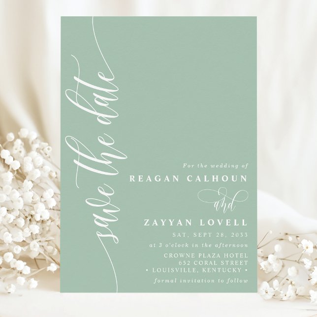 Dusty Mint Simple Modern Script Save The Date (Creator Uploaded)