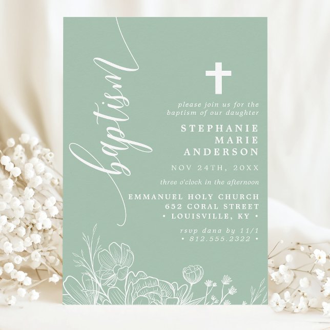 Dusty Mint White Floral Elegant Script Baptism Invitation (Creator Uploaded)