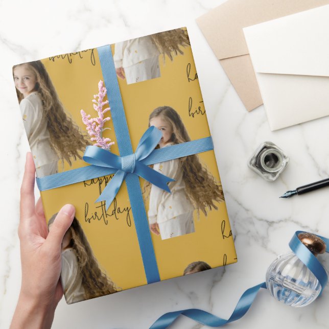 Dusty Mustard & Custom Birthday text and photo - Wrapping Paper (Gifting)