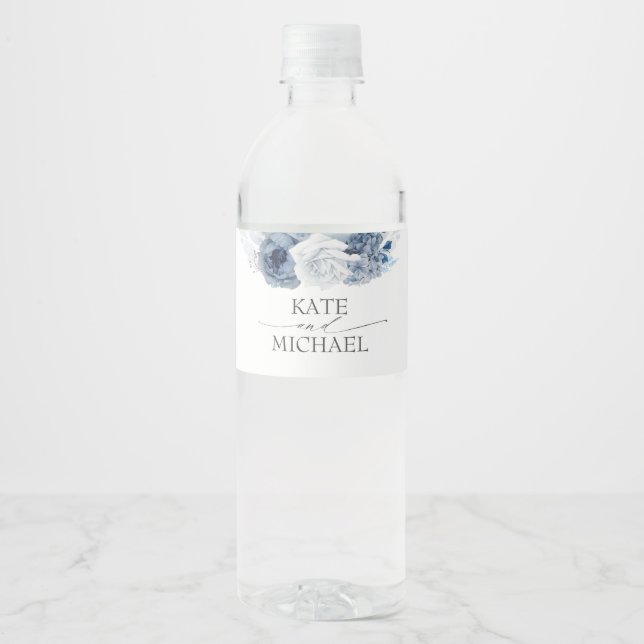 Dusty Navy and Navy Blue Floral Water Bottle Label (Front)