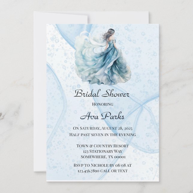 Dusty Navy Blue Alcohol Ink Dress Bridal Shower Invitation (Front)