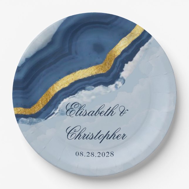 Dusty Navy Blue and Gold Agate Wedding Paper Plates (Front)