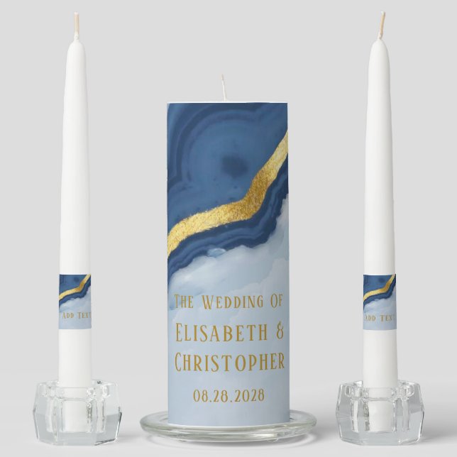 Dusty Navy Blue and Gold Agate Wedding Unity Candle Set (Front)