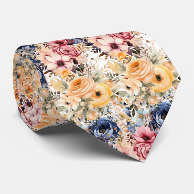 Dusty Navy Blue and Peach Pink Flowers Floral Neck Tie (Rolled)