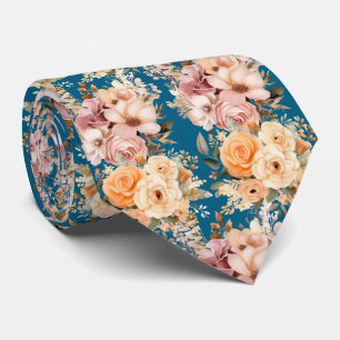 Dusty Navy Blue and Peach Pink Flowers Floral Neck Tie