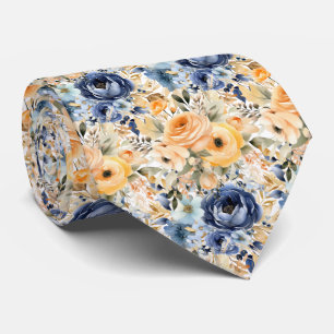 Dusty Navy Blue and Peach Roses Flowers Floral Neck Tie