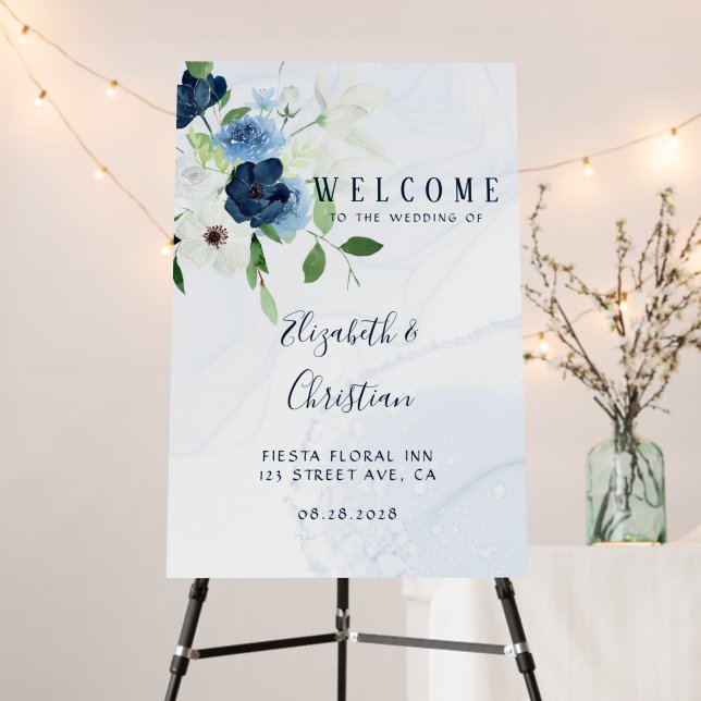Dusty Navy Blue Floeals Wedding Welcome Sign (In Situ (Stand))