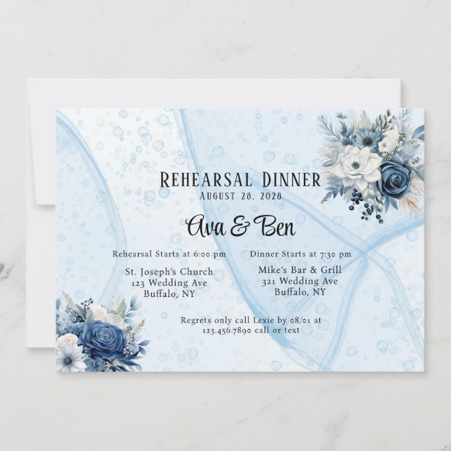 Dusty Navy Blue Floral Alcohol Rehearsal Dinner Invitation (Front)