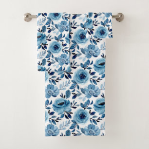 Dusty Navy Blue Floral Pattern Bath Towel Set