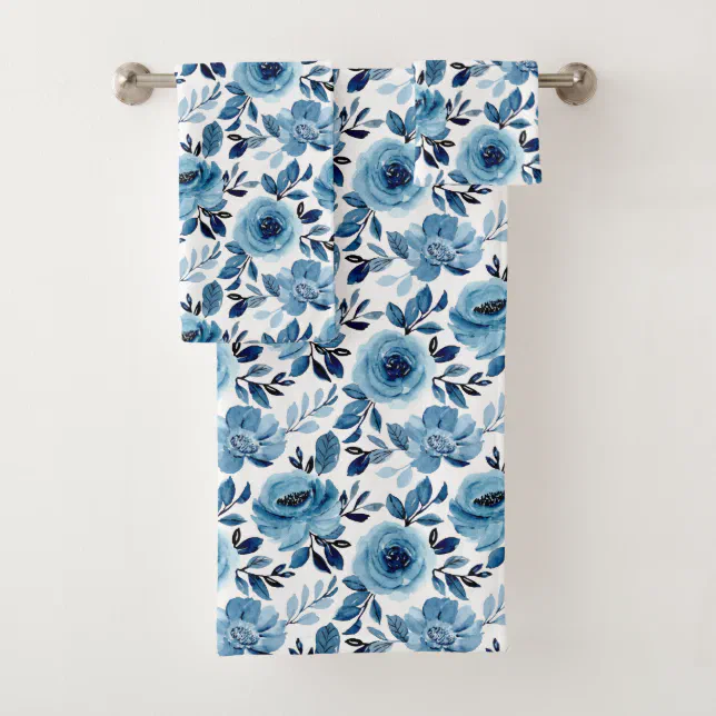 Dusty Navy Blue Floral Pattern Bath Towel Set Zazzle