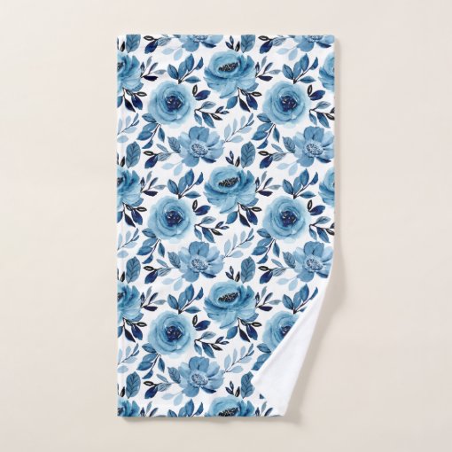 Dusty Navy Blue Floral Pattern Bath Towel Set | Zazzle