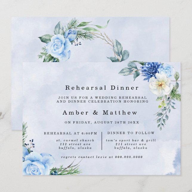 Dusty Navy Blue Floral Rehearsal Dinner Invitation (Front/Back)