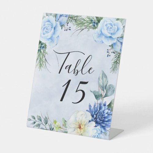 Dusty Navy Blue Floral Wedding Table Number Pedestal Sign