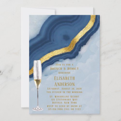 Dusty Navy Blue  Gold Agate Brunch  Bubbly Invitation