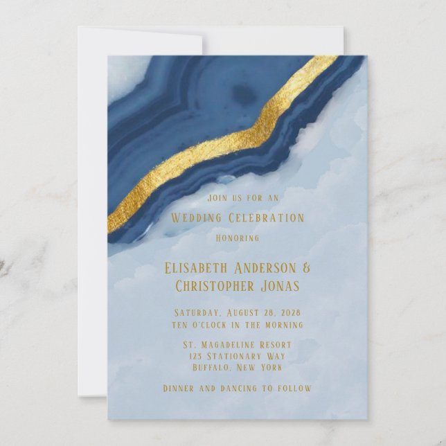 Dusty Navy Blue & Gold Agate Wedding Invitation (Front)