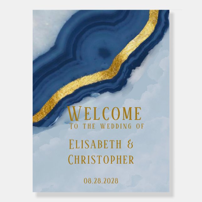Dusty Navy Blue & Gold Agate Wedding Welcome Sign (Front)