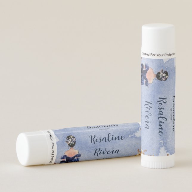 Dusty Navy Blue Gold Glitter Quinceanera Birthday Lip Balm (Front)