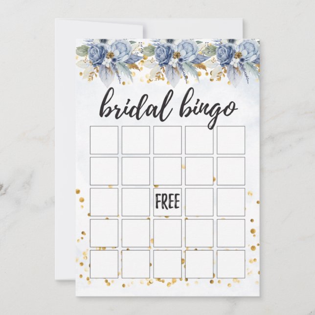 Dusty Navy Blue Gold Peony Bridal Bingo Invitation (Front)