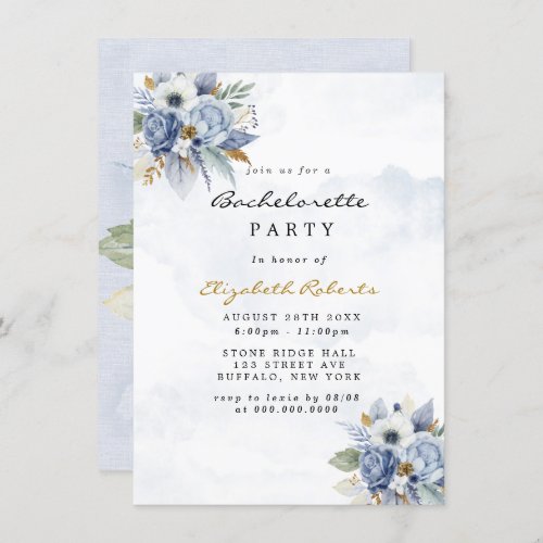 Dusty Navy Blue Gold Peony Chic Bachelorette Party Invitation