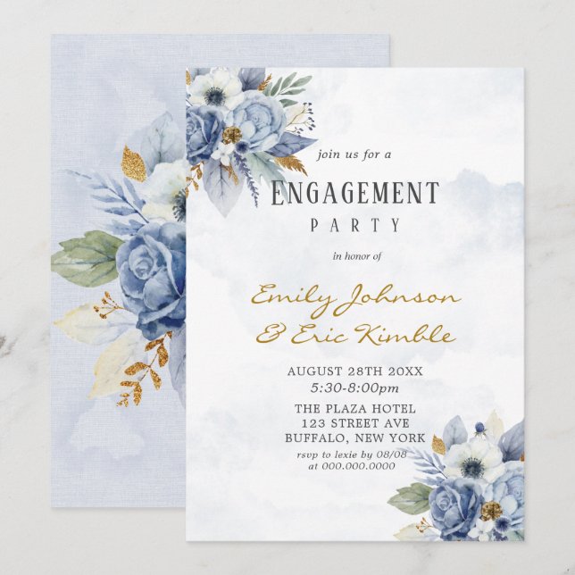 Dusty Navy Blue Gold Peony Engagement Party Invitation (Front/Back)