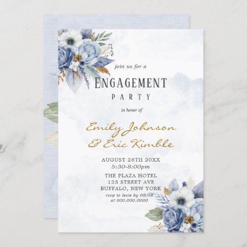 Dusty Navy Blue Gold Peony Engagement Party Invitation