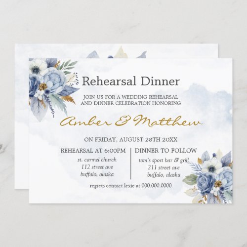 Dusty Navy Blue Gold Peony Rehearsal Dinner Invitation