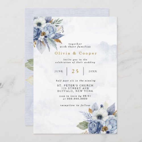 Dusty Navy Blue Gold Peony Watercolor Chic Wedding Invitation