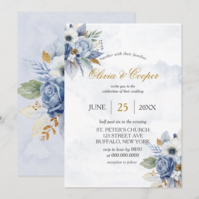 Dusty Navy Blue Gold Peony Watercolor Chic Wedding Invitation (Front/Back)