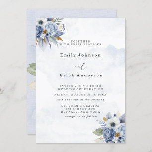 Dusty Navy Blue Gold Watercolor Peony Chic Wedding Invitation